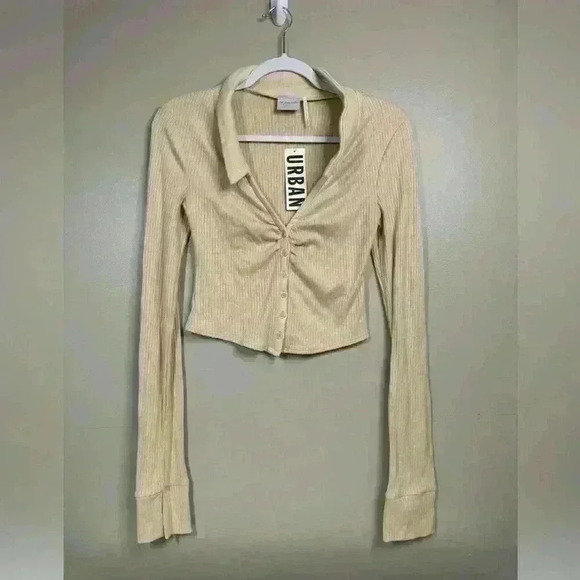 Urban Outfitters Tops - NWT Urban Outfitters Crop Top M Tan Long Sleeve Button Front Lounge Streetwear